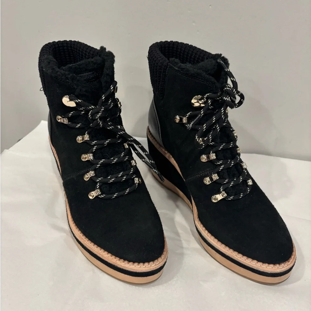 Kate Spade Willow Wedge Black Suede and Tan Lace Up Boots - Picture 2 of 10